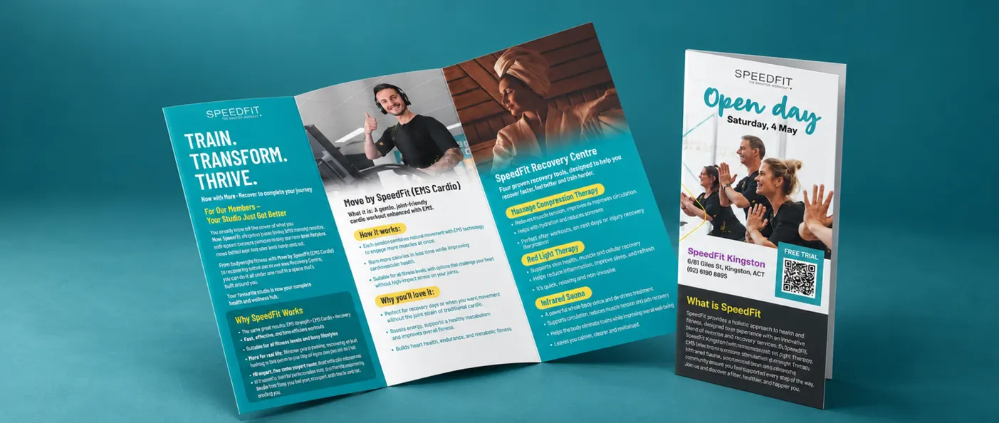 SpeedFit tri-fold brochure and open day flyer