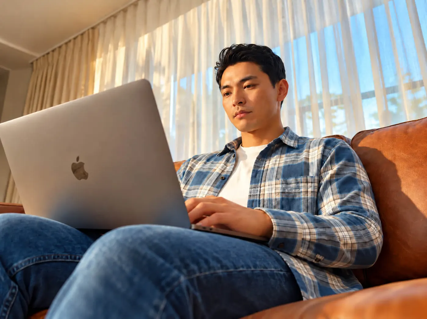 Man in a plaid shirt and jeans typing on a laptop on a leather sofa, sunlit sheer curtains behind him