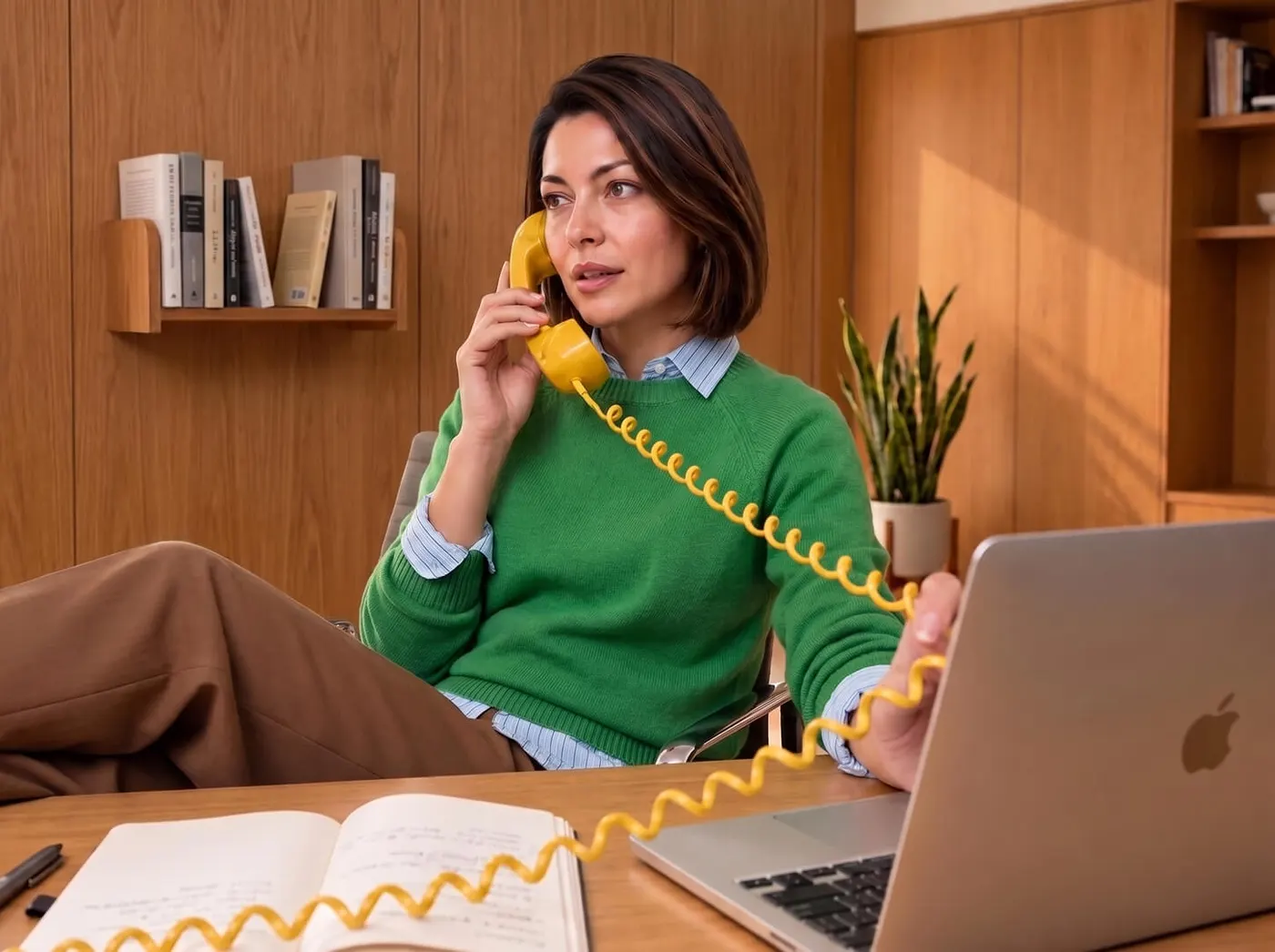 Woman in a green jumper holding a yellow corded phone to her ear, legs up on a desk beside a laptop and open notebook