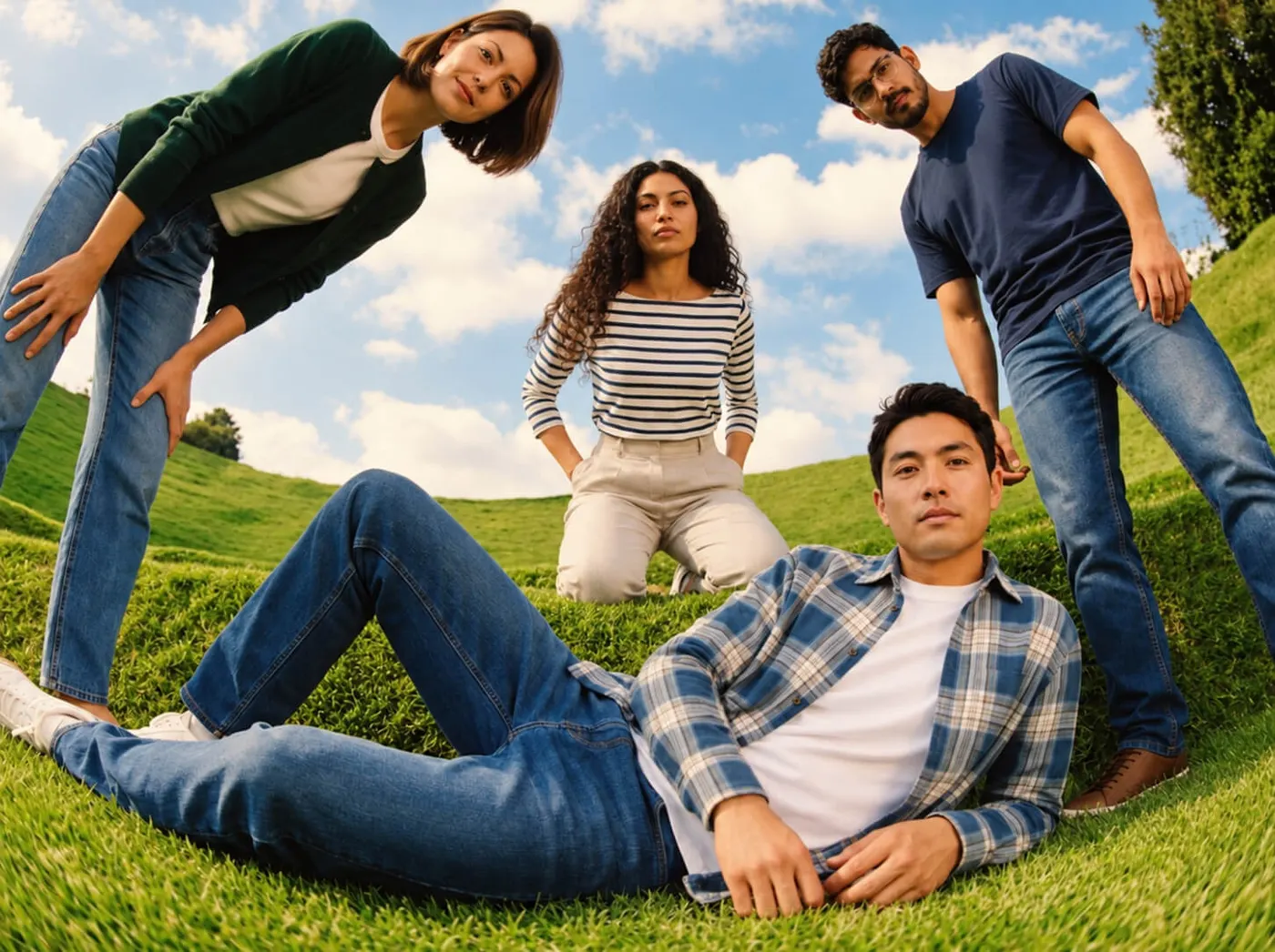 Four people on a grassy slope, one lying in front, looking down at the camera