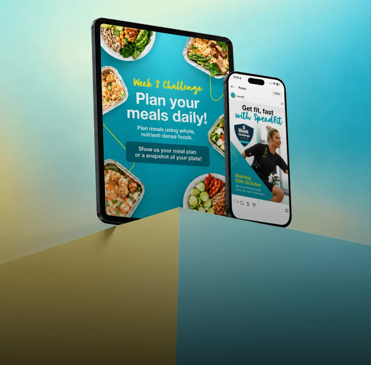 SpeedFit Week 2 Challenge on a tablet and 8 Week Challenge post on a phone