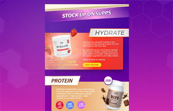 Nutrition Cartel email on purple with Hydrate electrolytes and WPI protein tubs, each with a short blurb