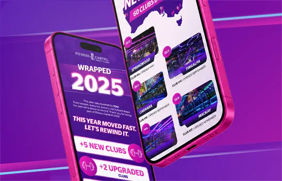 Two pink phones showing Fitness Cartel's Wrapped 2025 email, with new club counts and photos of new gyms