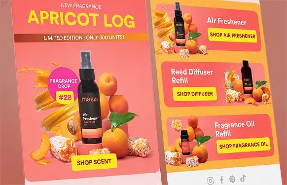 MaskCo email for the Apricot Log spray among apricots, with shop buttons for the diffuser and oil refills