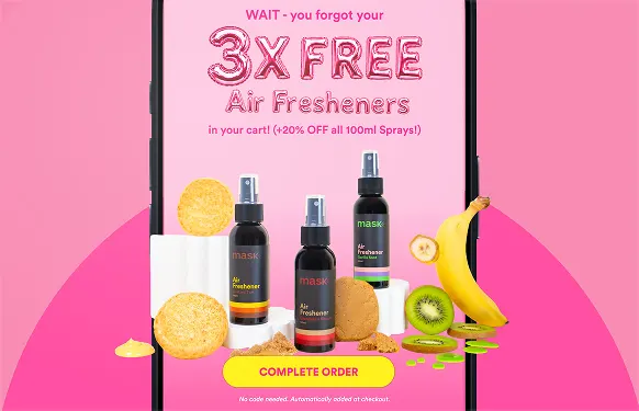 Phone showing a MaskCo email about three free air fresheners left in the cart, with sprays, biscuits and fruit