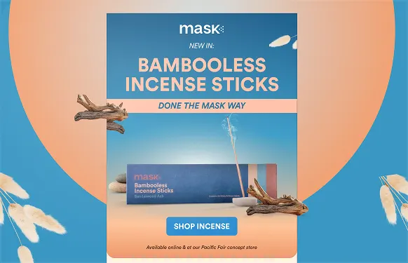 MaskCo email for Bambooless incense sticks, with the box, a smoking stick and driftwood on peach and blue