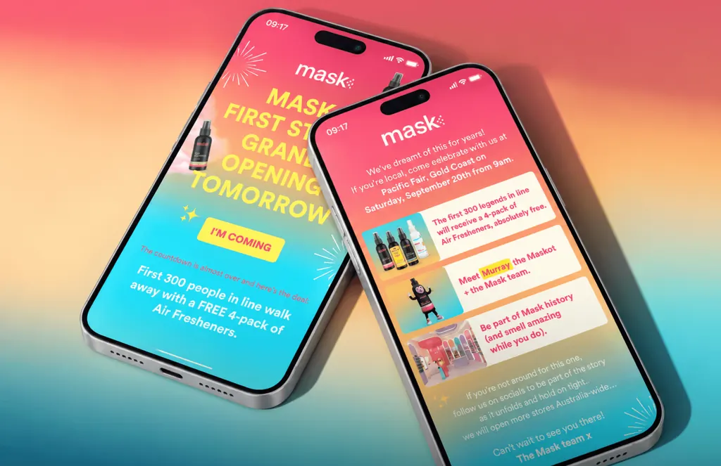 Two phones showing MaskCo’s email about its first store grand opening tomorrow, on a pink and teal gradient