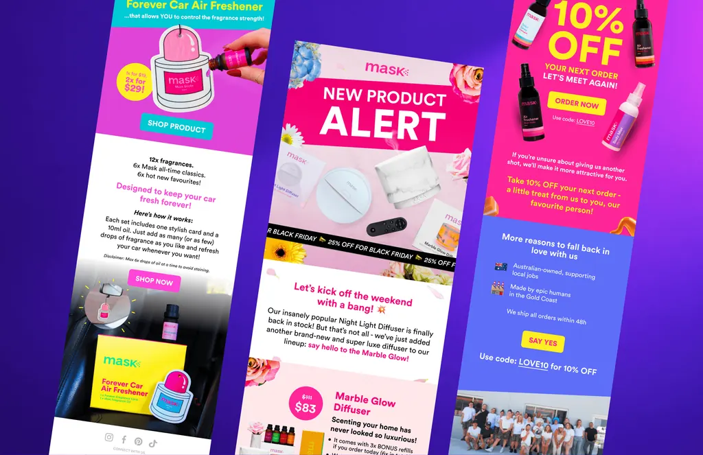Three MaskCo emails side by side: a car air freshener, a new product alert for the Marble Glow diffuser and a 10% off offer