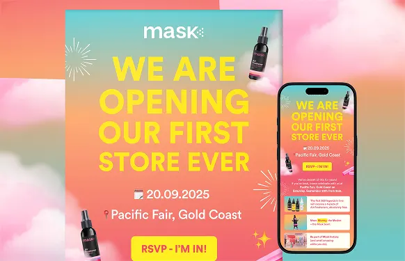 MaskCo email inviting readers to its first store opening, shown full size and on a phone, on a pastel gradient