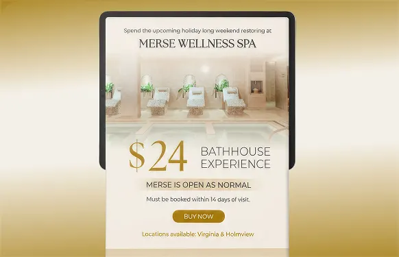 Merse Wellness Spa email on a tablet offering a $24 bathhouse experience, with a photo of its pool loungers