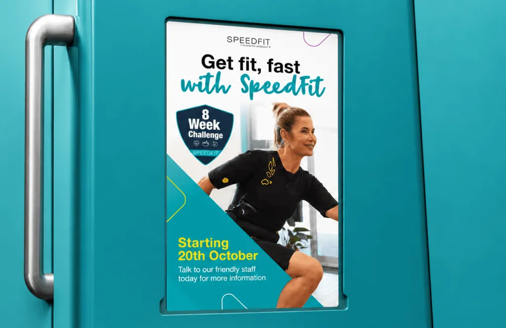 SpeedFit 8 Week Challenge poster in a teal door, a woman on an exercise bike and a 20 October start date
