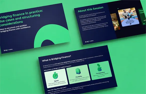 Three navy and green Bridgit x MFAA slides on bridging finance, with cards for speed, flexibility and transparency