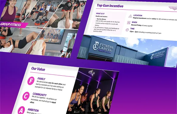 Three Fitness Cartel slides with group class photos, a Top Gun incentive page and the club's values