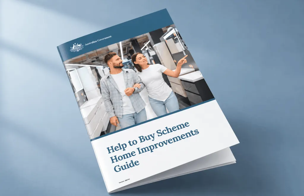 Australian Government Help to Buy Scheme Home Improvements Guide with a couple in a new kitchen on the cover