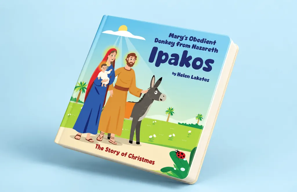 Children’s book cover for Ipakos, Mary’s Obedient Donkey from Nazareth, with Mary, Joseph, baby Jesus and a donkey