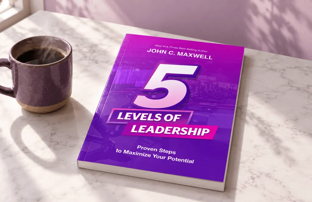 Purple cover of John C. Maxwell’s 5 Levels of Leadership on a marble table beside a coffee mug