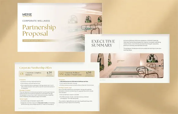 Three cream and gold Merse slides: a cover, an executive summary and corporate membership offers