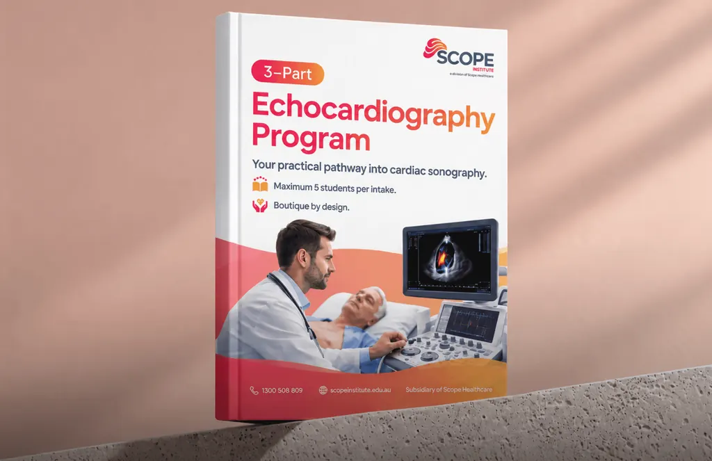 Scope Institute brochure for its 3-Part Echocardiography Program, a sonographer scanning a patient on the cover