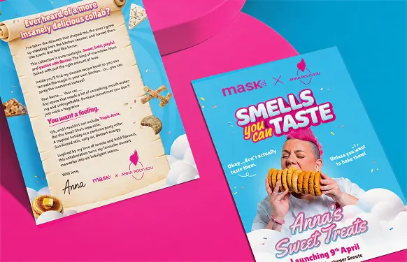 Printed letter signed Anna beside a MaskCo x Anna Polyviou flyer of a person with pink hair biting cookies, on pink