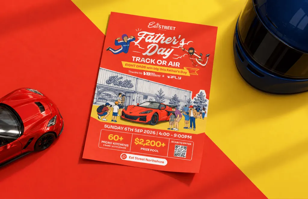 Eat Street Northshore Father’s Day Track or Air flyer with an illustrated red sports car and crowd, beside a toy car and a helmet