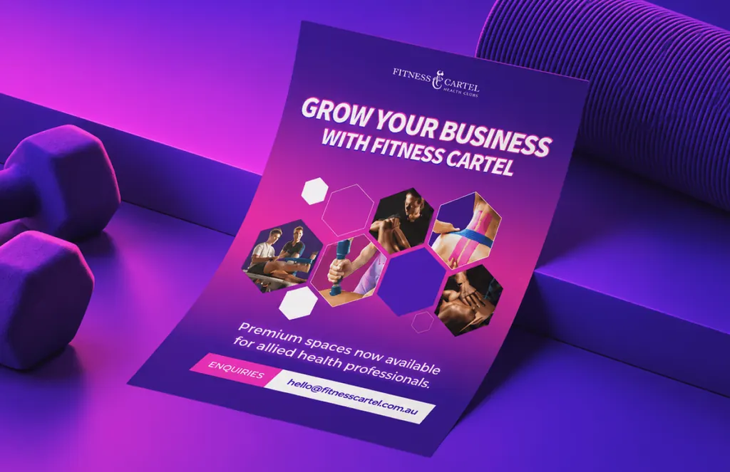 Fitness Cartel flyer, Grow your business with Fitness Cartel, offering spaces for allied health professionals, beside purple dumbbells