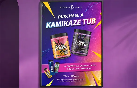 Framed Fitness Cartel poster offering a free shaker and drinks with a Kamikaze tub, on a purple wall