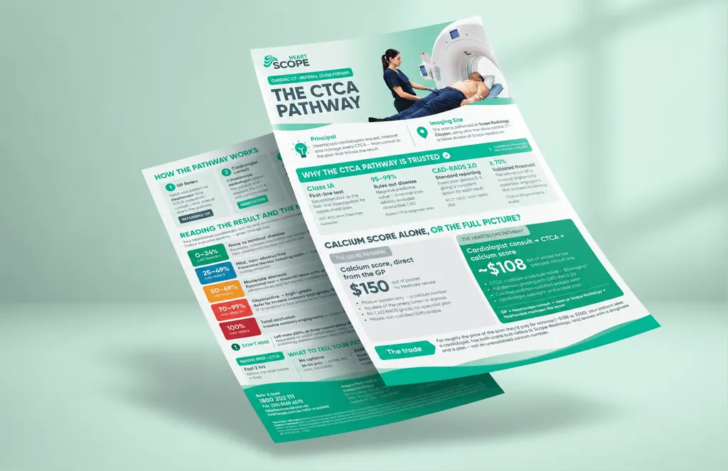 Two-page Heartscope CTCA Pathway referral guide for GPs, with a patient in a CT scanner and a price comparison