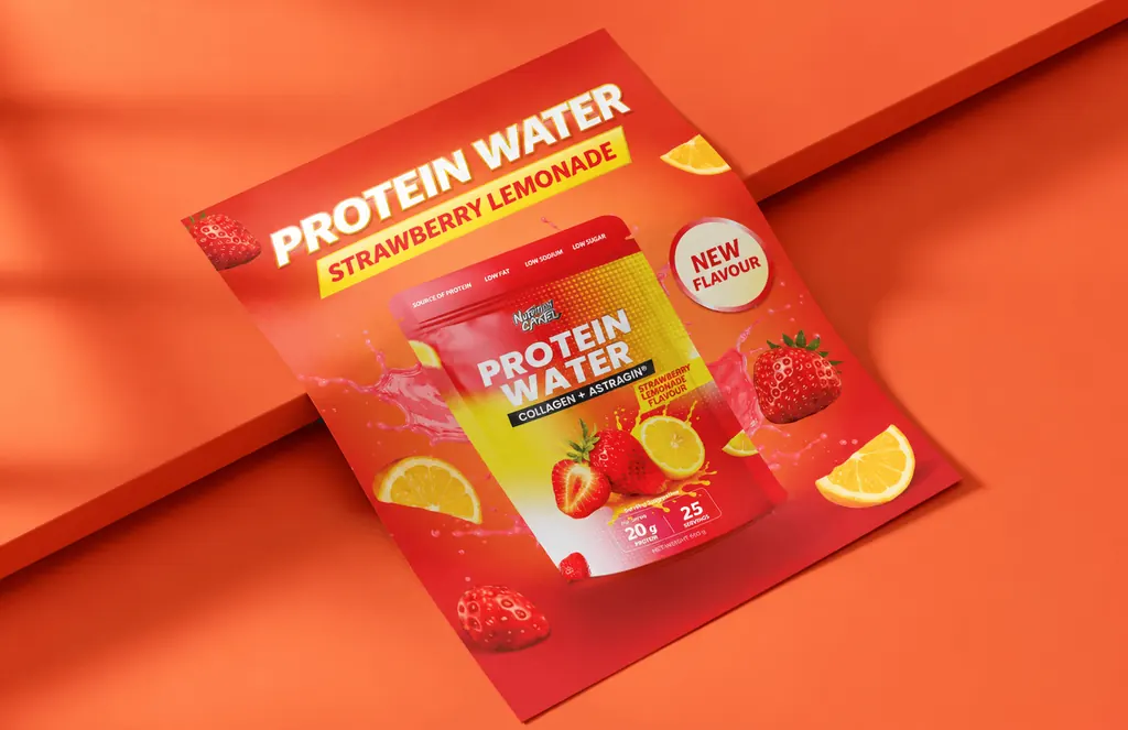 Nutrition Cartel Protein Water poster for the new Strawberry Lemonade flavour, with the pouch, strawberries and lemon slices