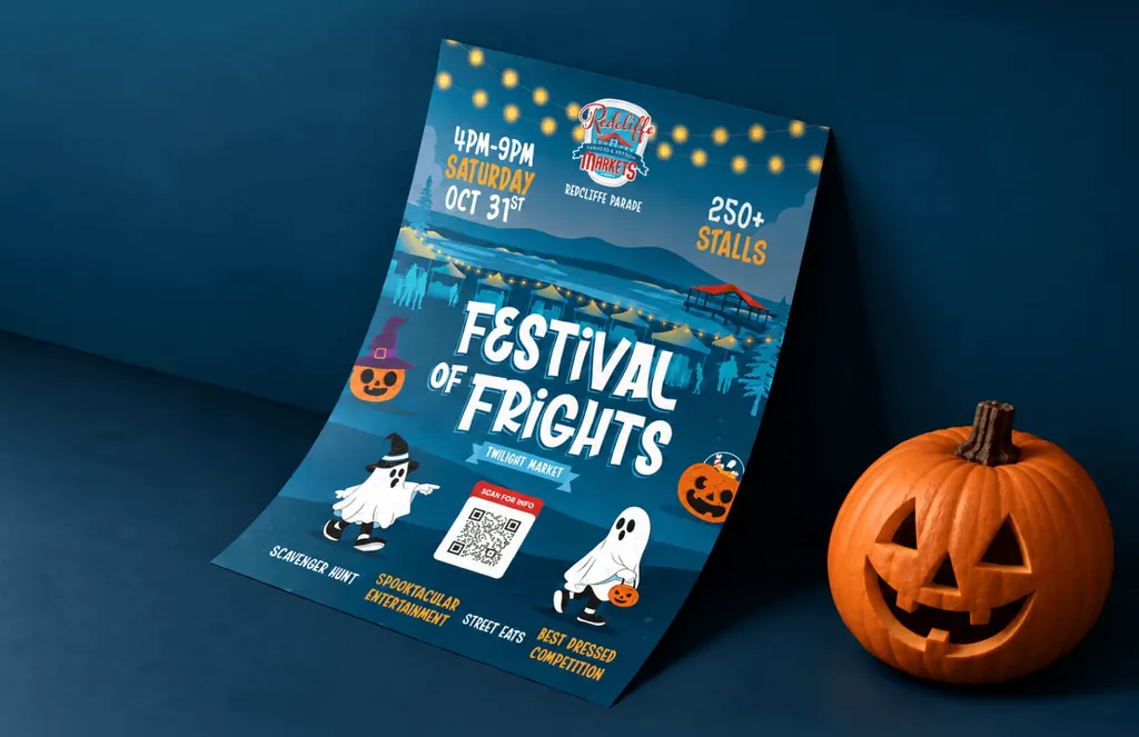 Redcliffe Markets Festival of Frights twilight market poster with ghosts and pumpkins, beside a carved pumpkin