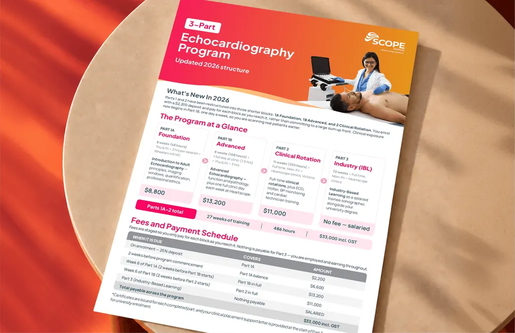 Scope Institute 3-Part Echocardiography Program flyer with the 2026 structure and payment schedule, on a round table