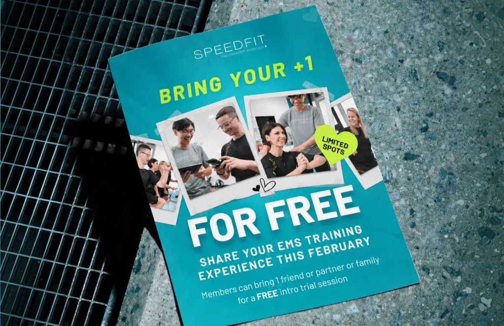 SpeedFit flyer, Bring your +1 for free, with photos of members training, on a terrazzo floor beside a grate