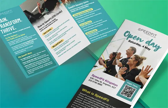 Open SpeedFit trifold brochure beside a SpeedFit Kingston open day flyer showing a class, on teal