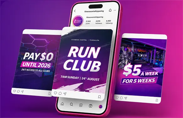 Phone with Fitness Cartel's Instagram profile and three posts: Pay $0, Run Club and $5 a week, on purple
