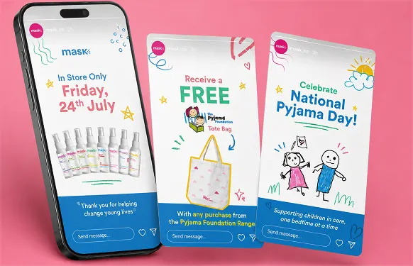 Phone and two MaskCo Instagram stories for The Pyjama Foundation, with sprays, a free tote and crayon-style drawings