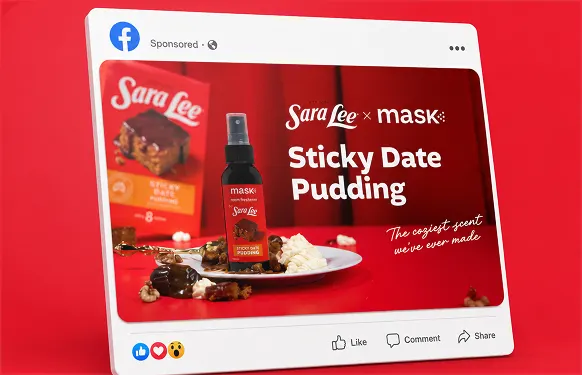 Facebook feed card for the Sara Lee x MaskCo spray, posed with the pudding box and a plate, on red