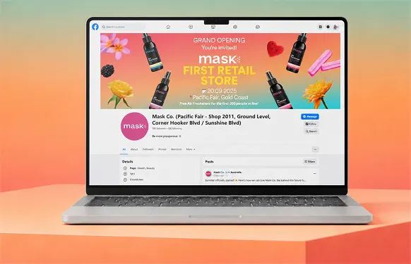 Laptop showing MaskCo's Facebook page with a grand opening cover for its first store at Pacific Fair
