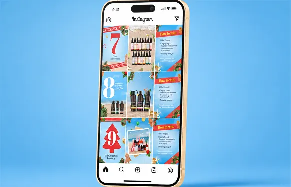 Phone showing MaskCo’s Instagram grid of numbered Christmas giveaway posts beside How to win tiles