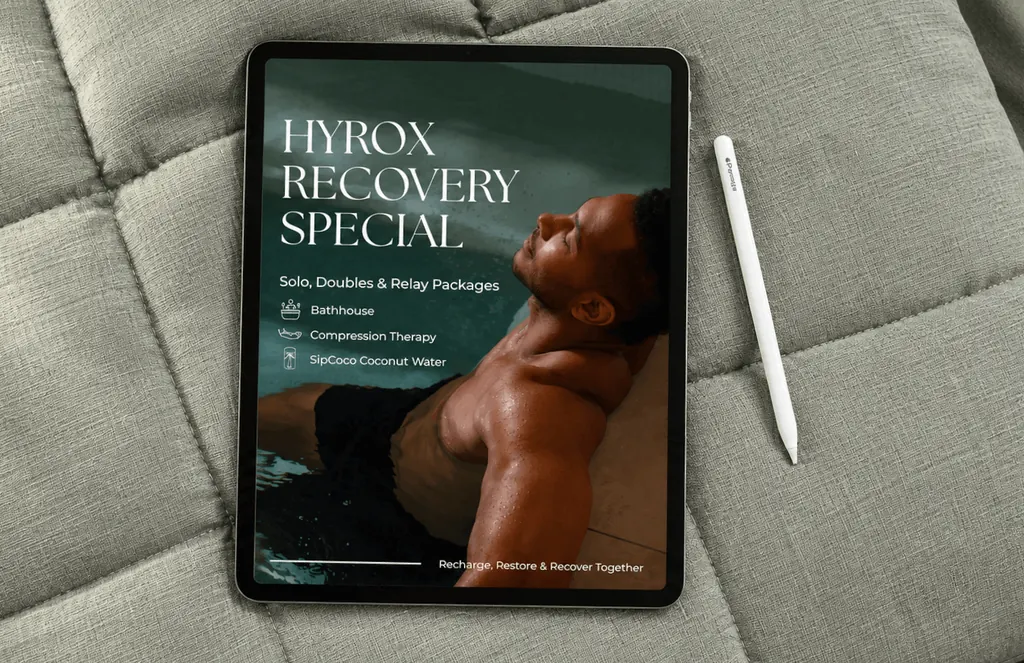 Tablet on a grey cushion showing Merse’s Hyrox Recovery Special post, a man relaxing in a pool