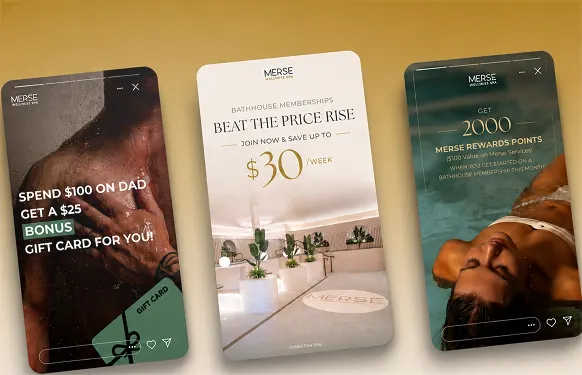 Three Merse Instagram stories: a $25 gift card bonus, a bathhouse membership deal and a rewards points offer