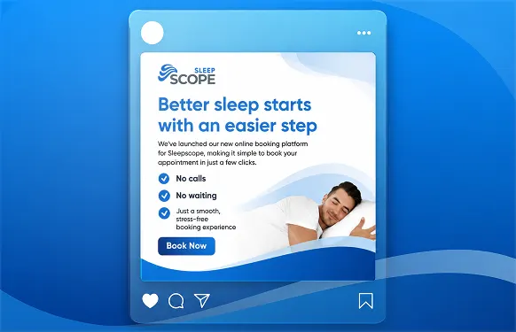 Instagram post for Sleep Scope with a man asleep on a pillow, three ticks and a Book now button, on blue