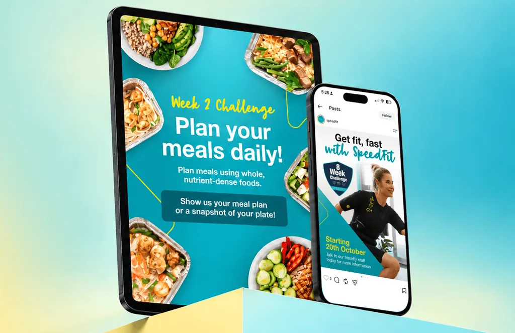 Tablet and phone with SpeedFit 8 Week Challenge posts: Plan your meals daily and Get fit, fast